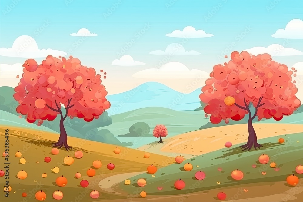 Poster two trees standing in a vast open field. generative ai