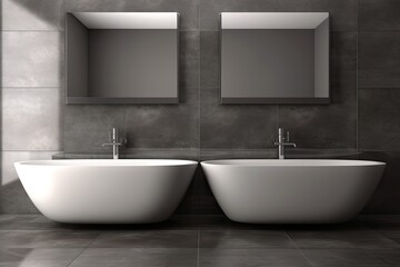 Fototapeta na wymiar two modern white sinks placed side by side in a contemporary bathroom. Generative AI
