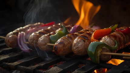 Juicy sausages, sliced peppers, and onions are threaded onto wooden skewers and grilled to perfection over an open flame