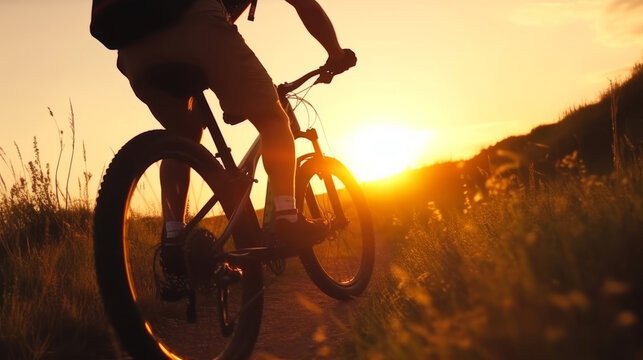 Bicycle and sunset landscapes Illustration AI Generative.