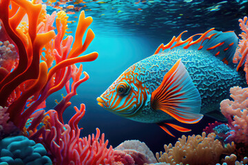 Naklejka na ściany i meble Sea Reef Snorkeling, Multicolored Coral and Fishes, , Coral Fish Drawing Imitation, Abstract Generative AI Illustration