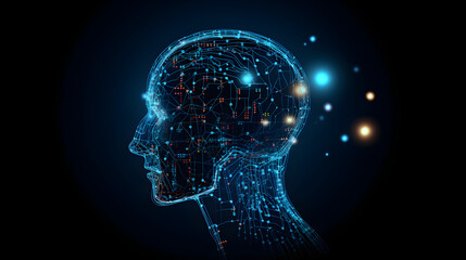 Human head silhouette with code and glow. Generative AI.