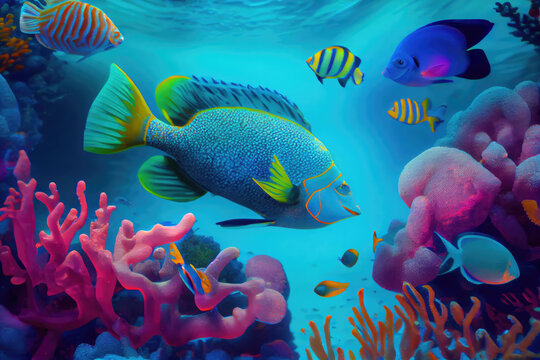 Sea Reef Snorkeling, Multicolored Coral and Fishes, , Coral Fish Drawing Imitation, Abstract Generative AI Illustration