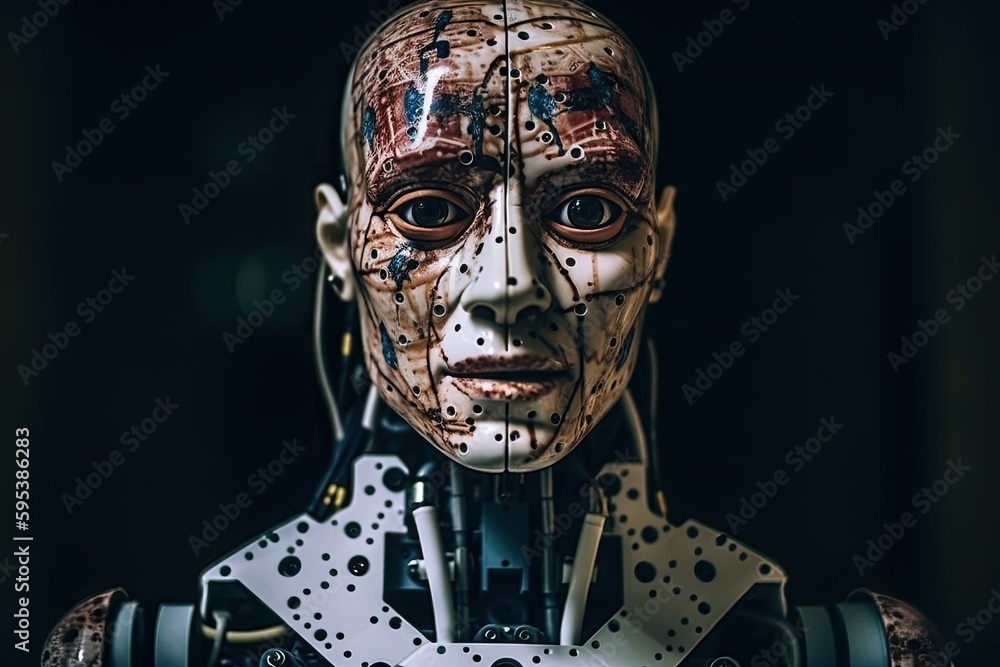 Poster complex robot with intricate facial features and multiple parts. generative ai