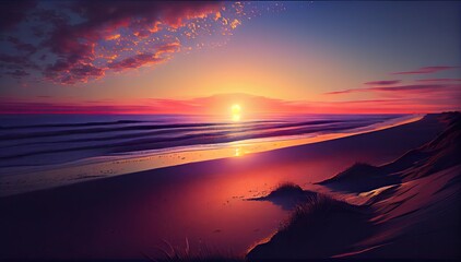Fototapeta na wymiar Early Morning Beach, Red Ocean, Sea Sunrise, Sunset Landscape, Abstract Generative AI Illustration
