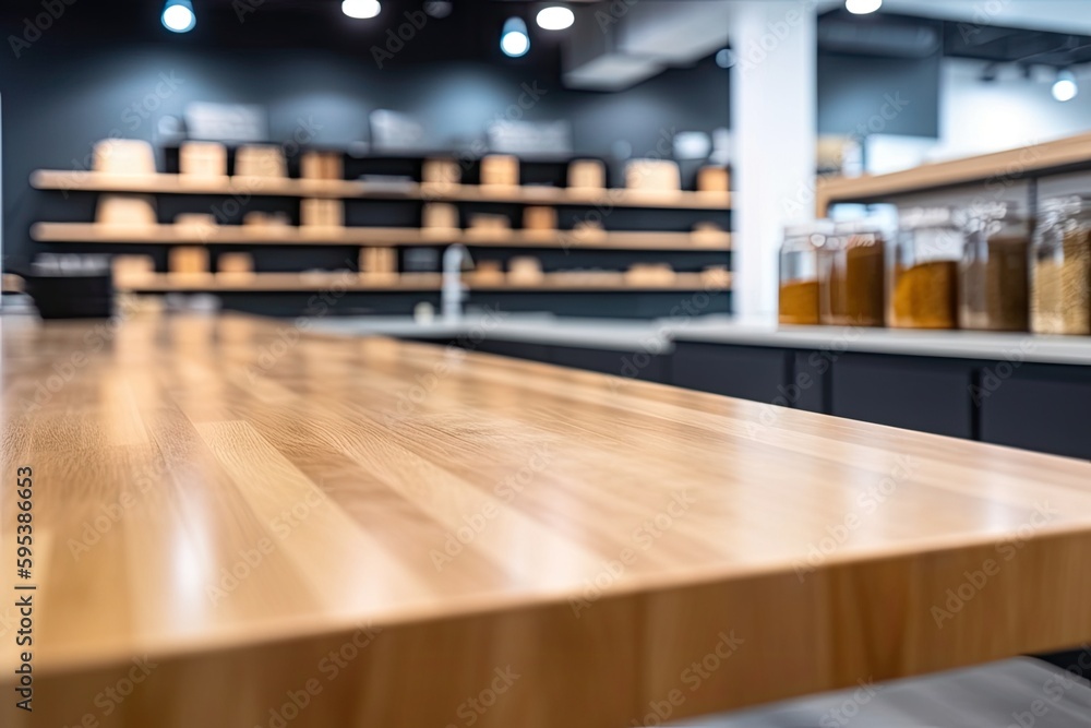 Poster rustic wooden table with jars of honey in a retail store. generative ai