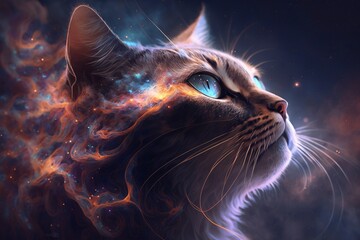 galaxies, stars, moon, spirals, space, nebulae, stars, smoke, iridescent, intricate detail, in the shape of beautiful cat. Generative AI