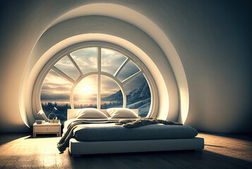 Luxurious Hotel Room, Modern Bedroom Interior with a Large Window, Generative AI Illustration
