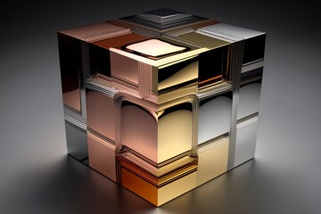 Copper, silver, gold metallic layered data cube. Generative AI