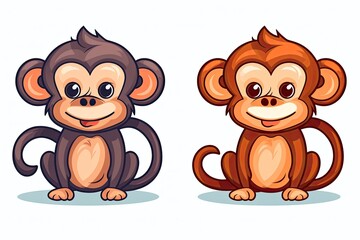 two playful monkeys sitting side by side on a blank white background. Generative AI