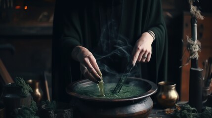 Witch mixing herbs in a cauldron, mystical wiccan ambiental background with intricate details generative ai