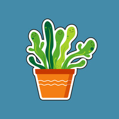 Houseplant sticker. Cartoon cactus .  Flowerin pot. House plant, potted plant. Ceramic pot. Vector illustration on isolated background.