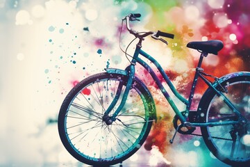 Fototapeta na wymiar Colorful bike on abstract watercolor backdrop. Generative AI