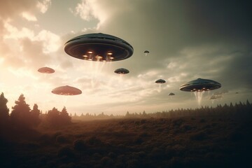 Naklejka na ściany i meble Retro illustration of UFOs in the sky, depicting an alien invasion and the concept of evidence and sighting. Generative AI