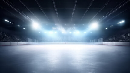 Empty ice rink with lights. Illustration AI Generative