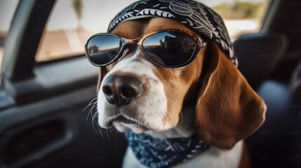 funny beagle dog in sunglasses in the summer sitting in the car, pets, rest with animals, life with animals. The image is generated using artificial intelligence