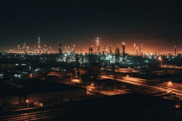 Fototapeta na wymiar Skyline of factories at night. Generative AI