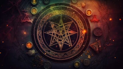 Naklejka premium Witchcraft symbols wiccan magic on fantasy background generative ai concept