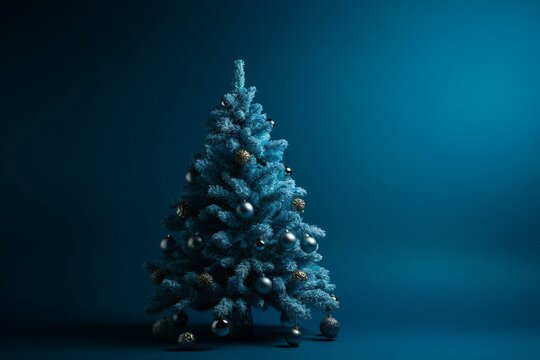 Blue backdrop with an adorned Christmas tree. Generative AI