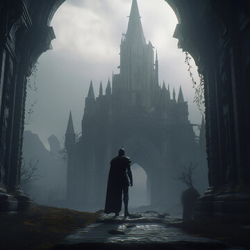 A lonely man among gloomy buildings in the Gothic style