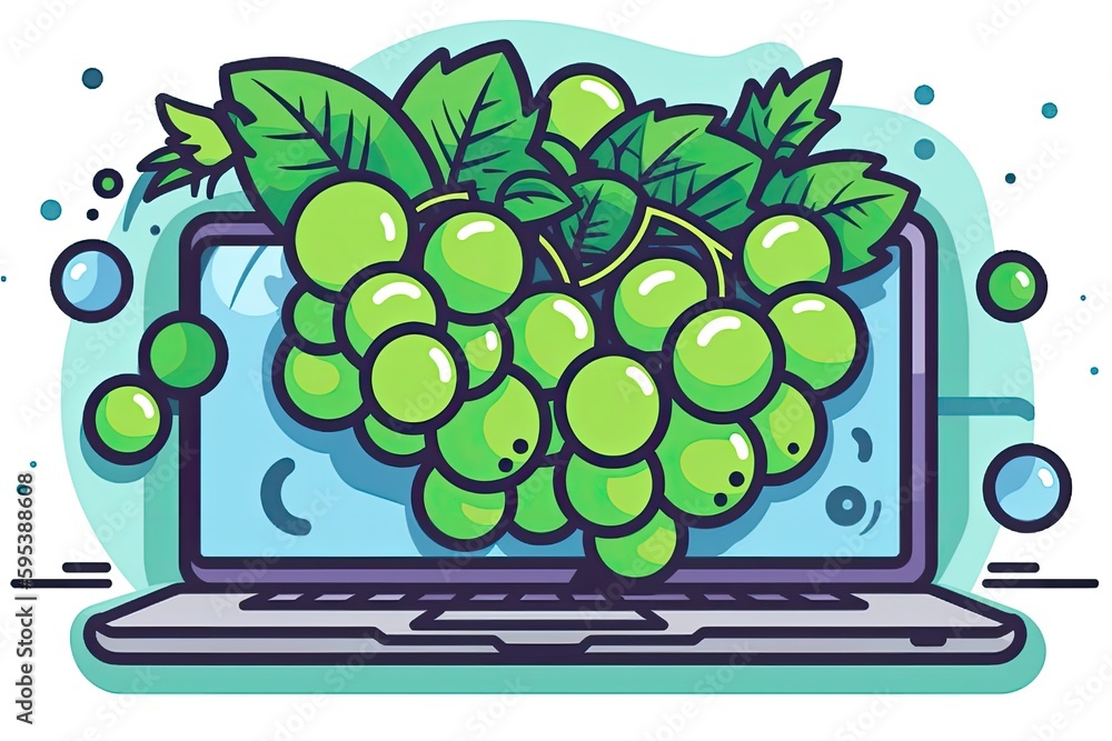 Poster grapes resting on a laptop keyboard. generative ai