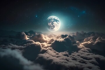 Moon over clouds. Illuminate full moon above the sky clouds. Magical dreamy atmosphere with lunar over the cloud as heaven fantasy. Moonlight cloudspace outer space. Generative AI