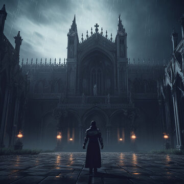 A lonely man among gloomy buildings in the Gothic style