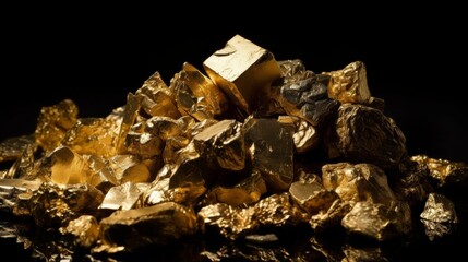 Gold nuggets isolated on black background. AI