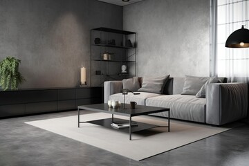 modern living room with a comfortable sofa and stylish coffee table. Generative AI