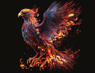 Fototapeta premium Phoenix with flames on wings with black background (ai generated)
