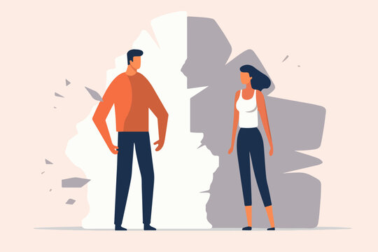 Upset Couple Separated By Wall After Breakup Struggle. Vector Illustration