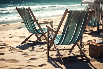 Illustration of beach chairs and accessories on the beach, representing summer vacation. Generative AI