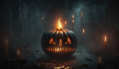 Jack-O-Lantern in scary room, pumpkin, autumn, October, Generative Ai, Generative, Ai