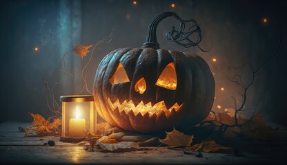 Jack-O-Lantern in scary room, pumpkin, autumn, October, Generative Ai, Generative, Ai