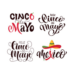 Feliz Cinco de Mayo handwritten text in Spanish (Happy Fifth of May). Modern brush calligraphy isolated on white background, hand lettering for Mexican holiday. Set of vector illustration