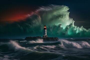 a lighthouse stands on a rock in the sea created with Generative AI technology