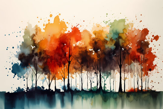 Watercolor trees during the fall reflecting on a lake. AI Generated Image.