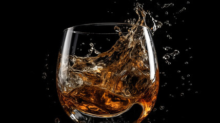 Glass of whisky or rum with splashing liquid and ice rocks inside. Isolated on black background. AI