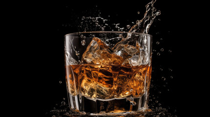 Glass of whisky or rum with splashing liquid and ice rocks inside. Isolated on black background. AI