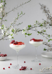Italian panna cotta dessert with strawberry sirup and fresh strawberries on gray background.