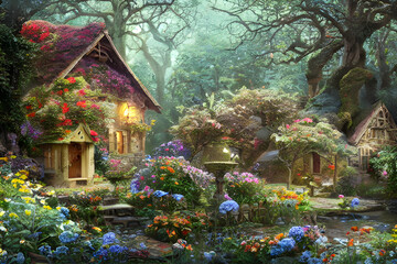 Fototapeta premium Fairytale cottage in dense woodland.