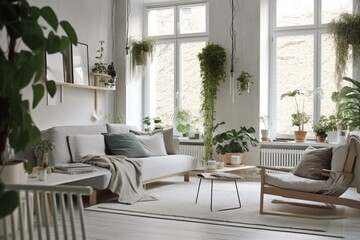 Fototapeta na wymiar White Nordic living room with gray armchair, green plants & pillows. Generative AI