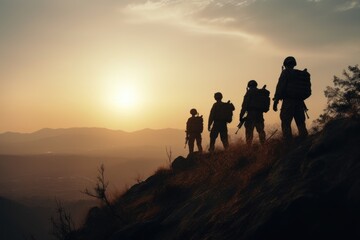 Silhouettes of soldiers on a mountain. - obrazy, fototapety, plakaty