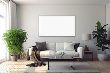 Living room with blank picture frame. Generative AI.