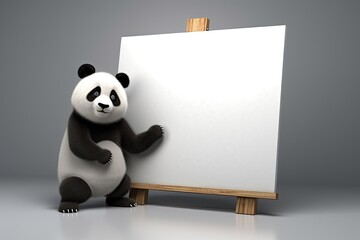 Panda pointing to blank sign, white poster with blank copy space. Generative AI.