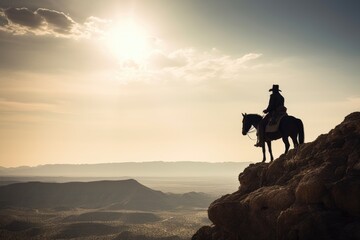 Silhouette of a cowboy and horse overlooking valley. Generative AI.