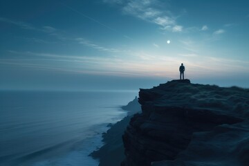 Silhouette of a person on a cliff overlooking the ocean. Generative AI.