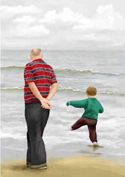 grandfather and grandson on a beach