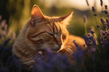 beautiful fluffy ginger cat sleeping peacefully in a field of violets during golden hour - Generative AI