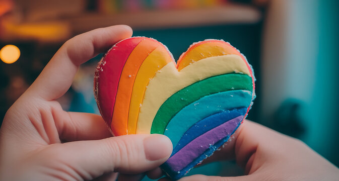LGBT heart. Heartfelt symbol of love, unity and support for the LGBTQ+ community in fight for equal rights, the rainbow-colored heart is held gently and lovingly in the hands. Generative AI.